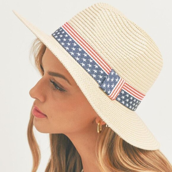 USA Flag Band Panama Straw Sun Hat - Picture 3 of 5